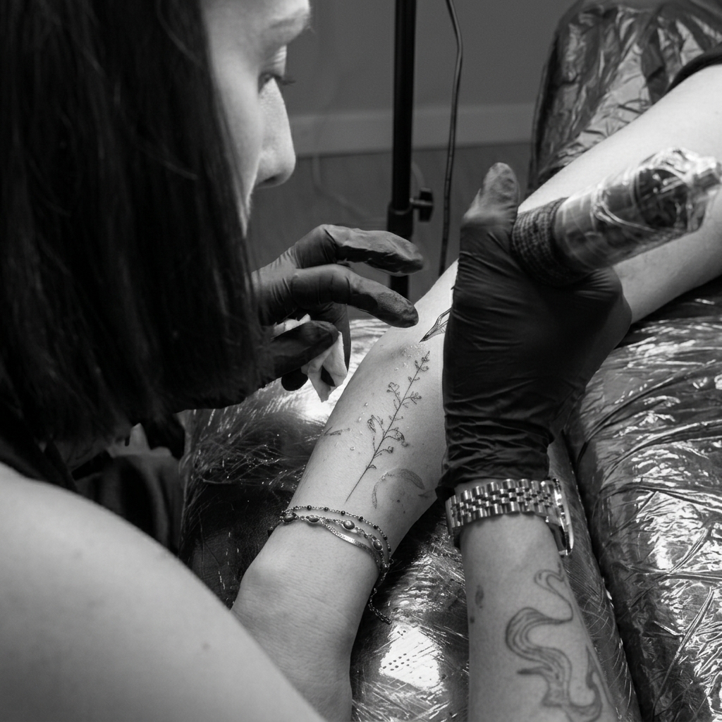 Bianca Gomes a fazer uma tatuagem fine line num antebraço